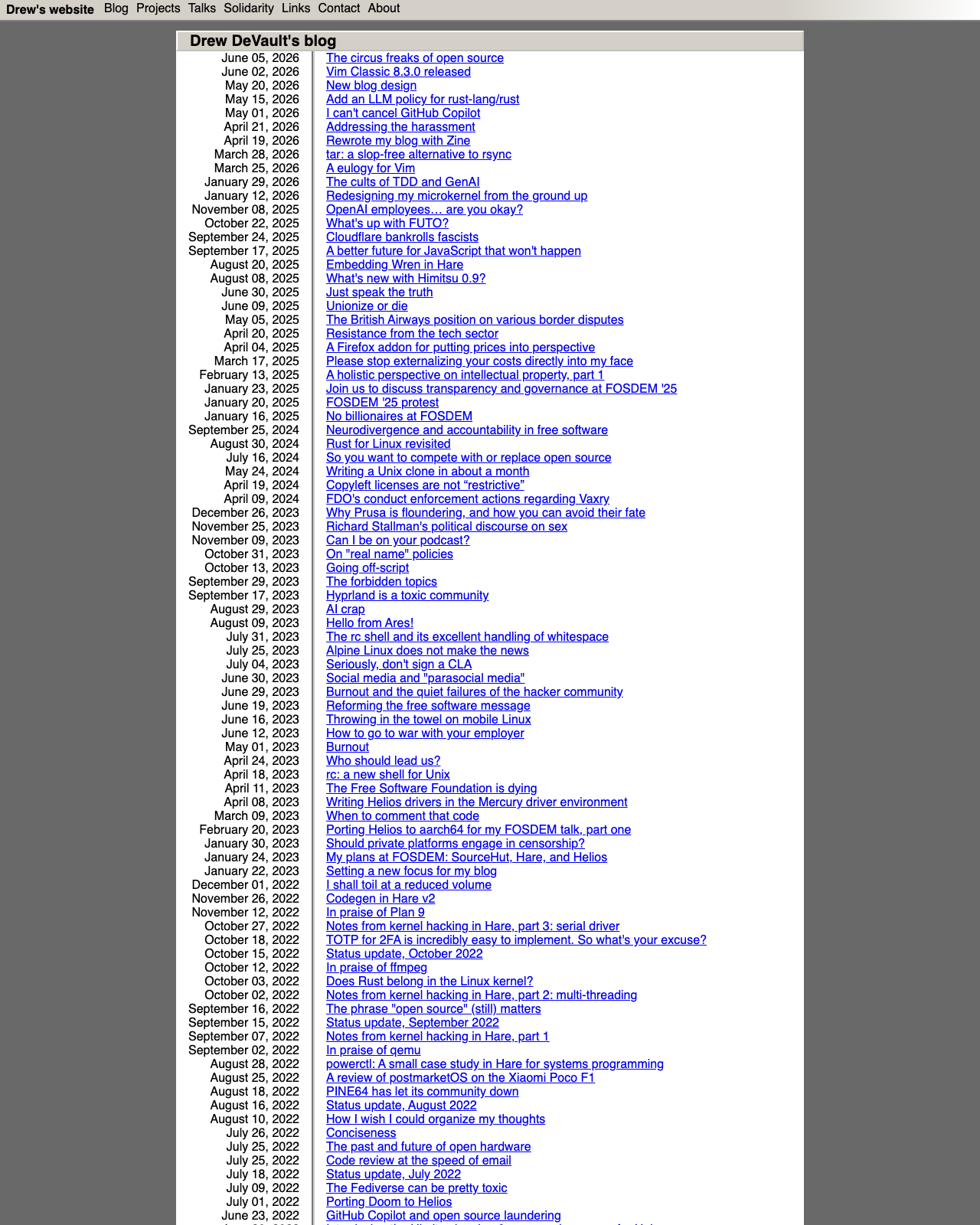 Screenshot of Drew DeVault's blog