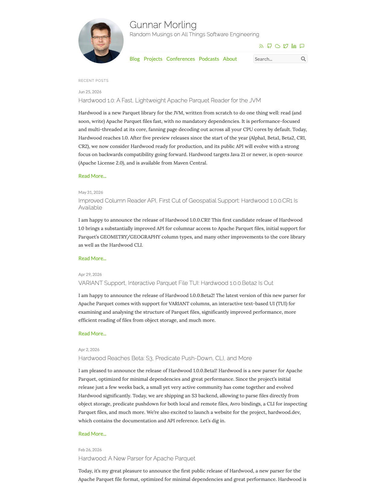 Screenshot of Gunnar Morling's blog