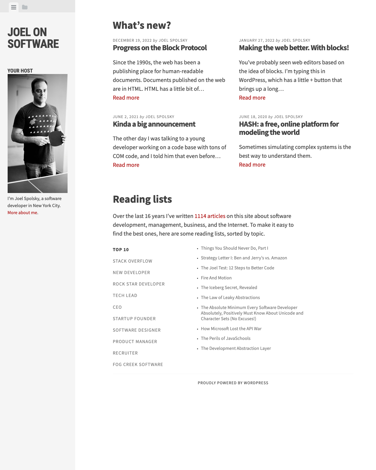 Screenshot of Joel Spolsky's blog