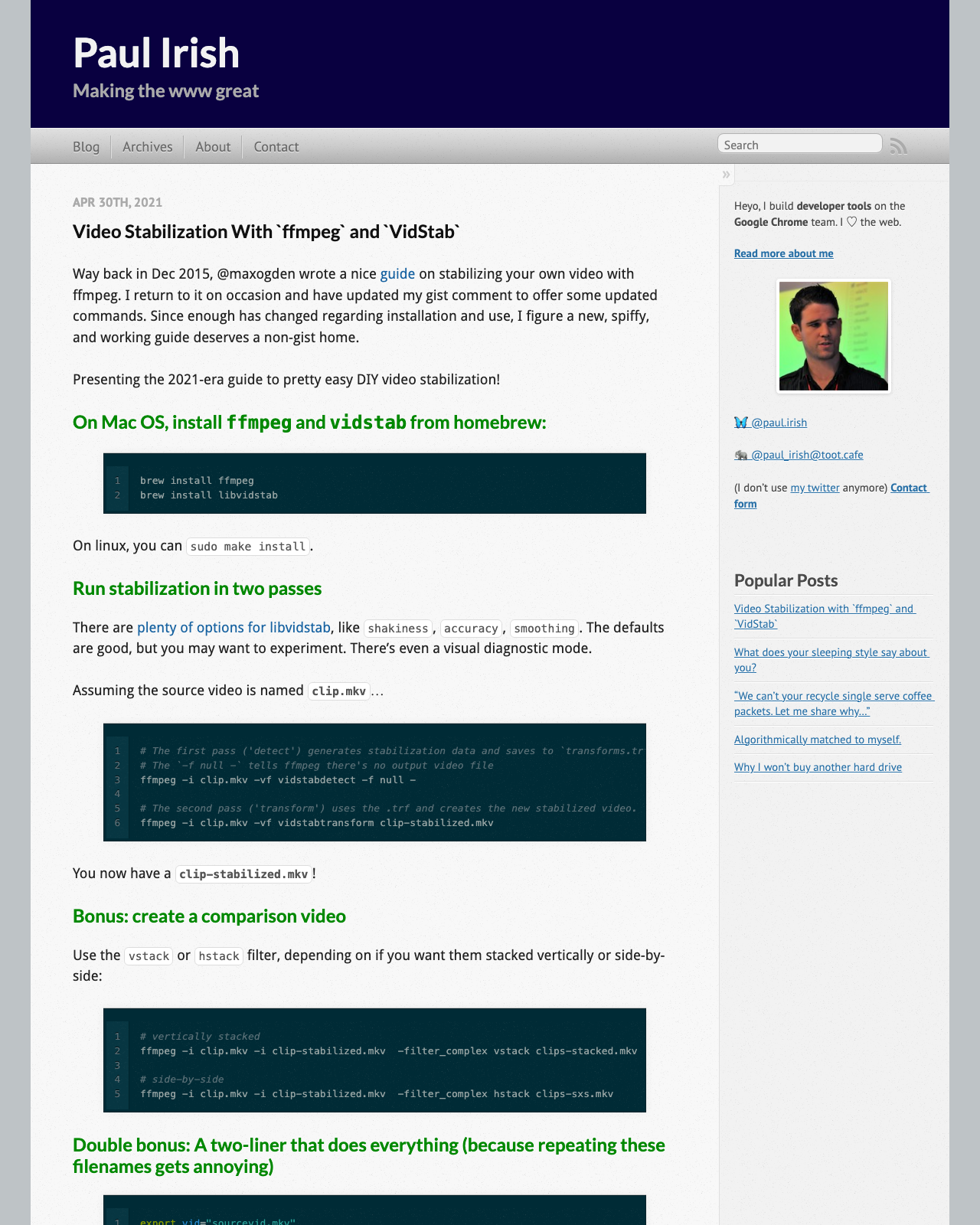 Screenshot of Paul Irish's blog