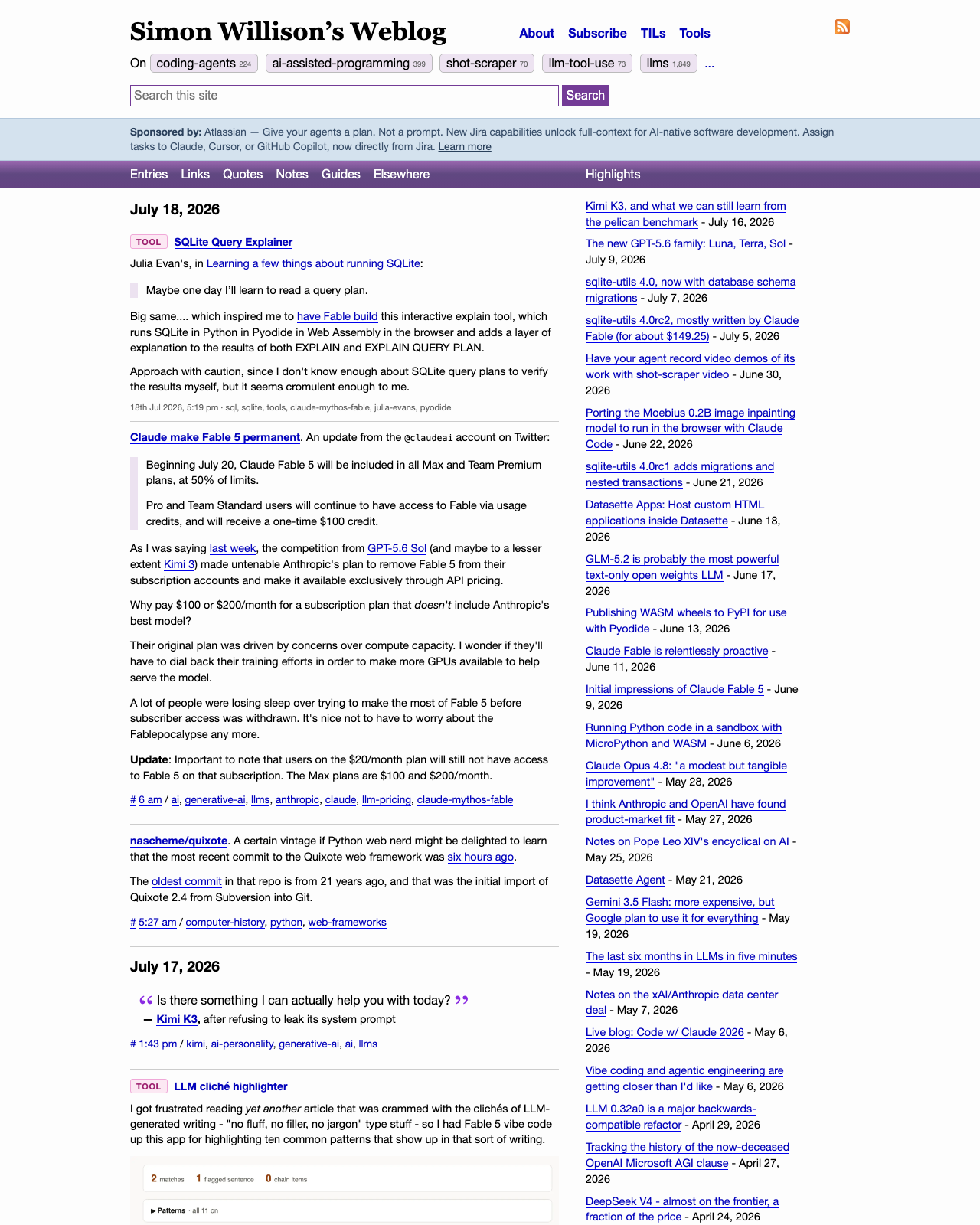 Screenshot of Simon Willison's blog