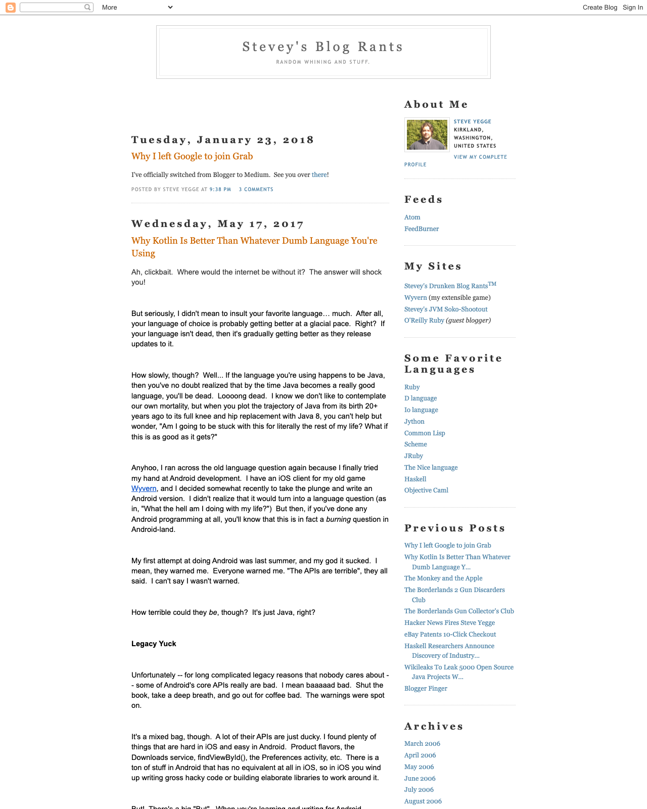 Screenshot of Steve Yegge's blog
