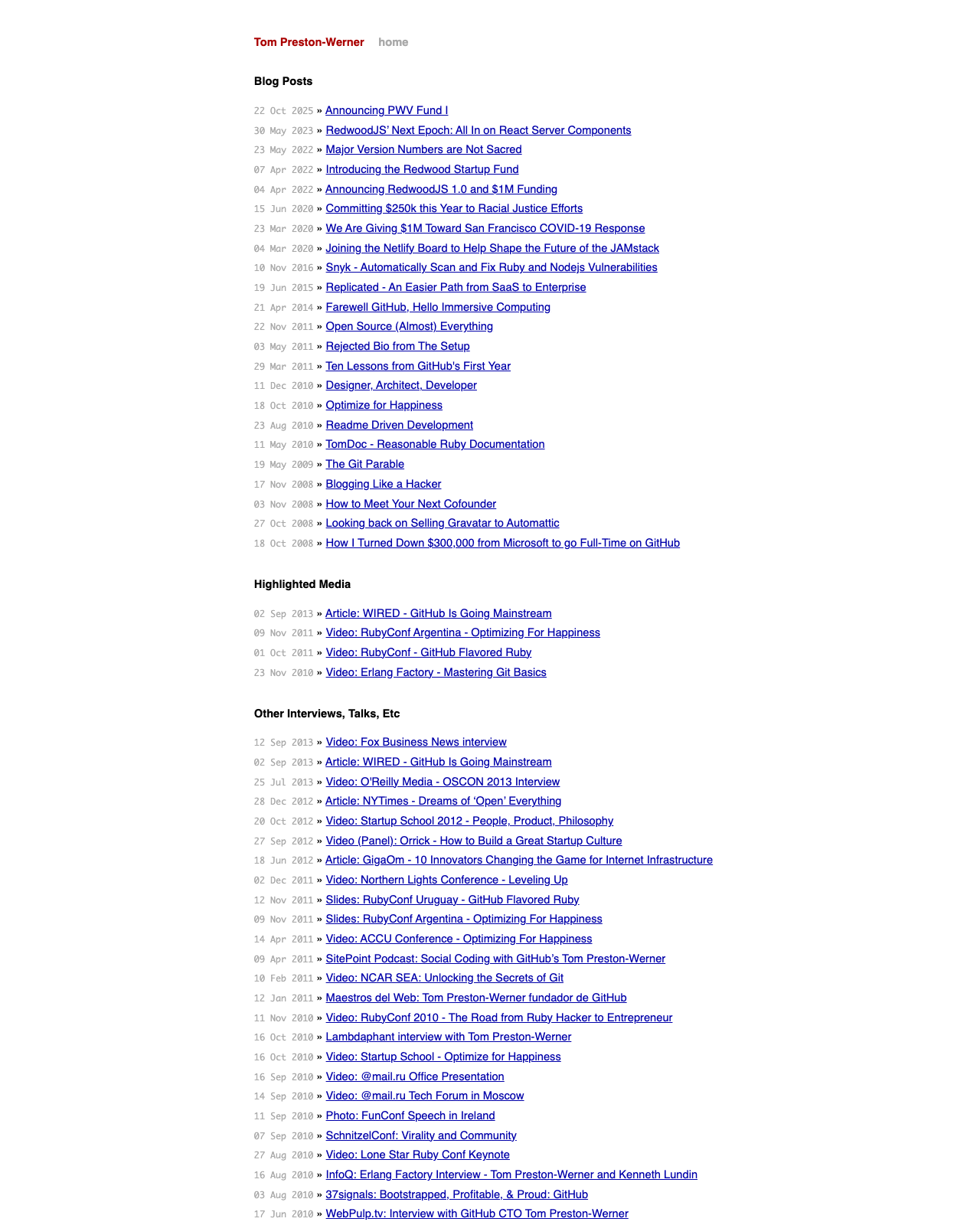 Screenshot of Tom Preston-Werner's blog