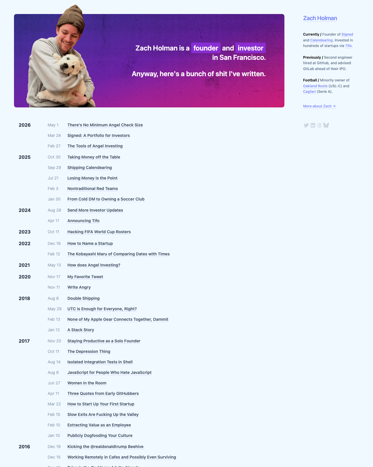 Screenshot of Zach Holman's blog